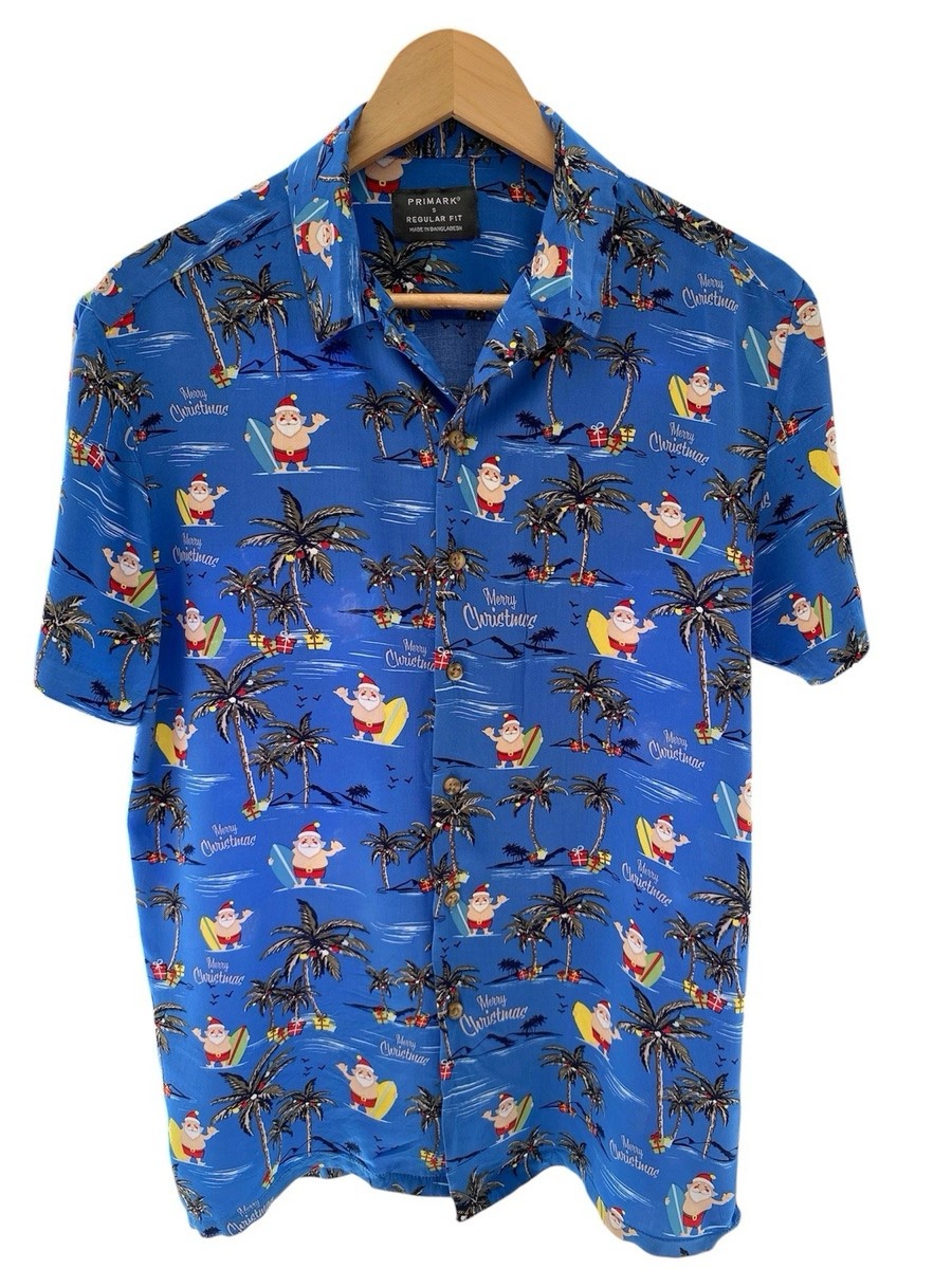 MENS PRIMARK CHRISTMAS SANTA MERRY CHRISTMAS BLUE SHIRT