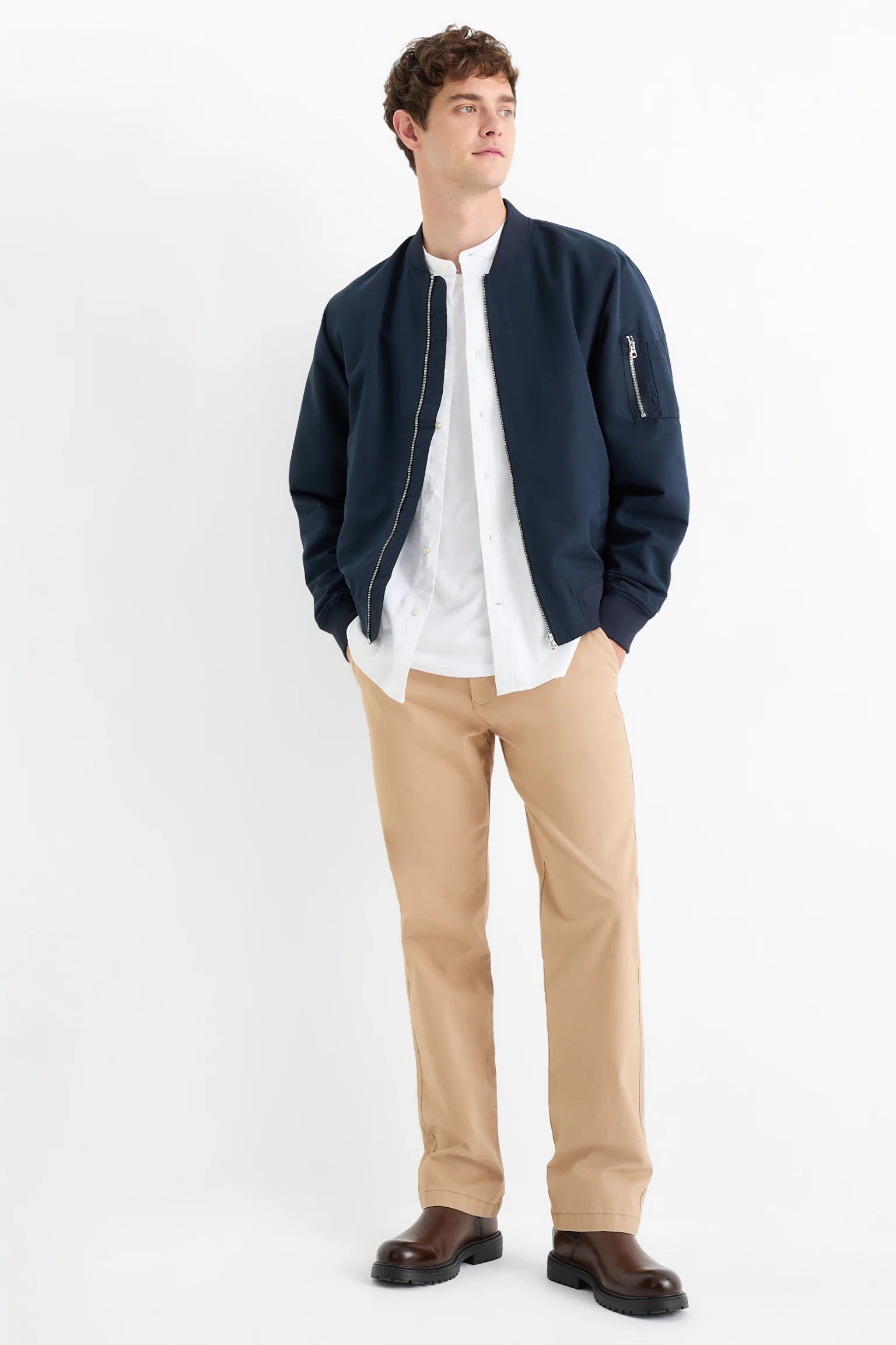 C&A Men’s Chino Stretch Cotton Trousers Plain Colours, beige