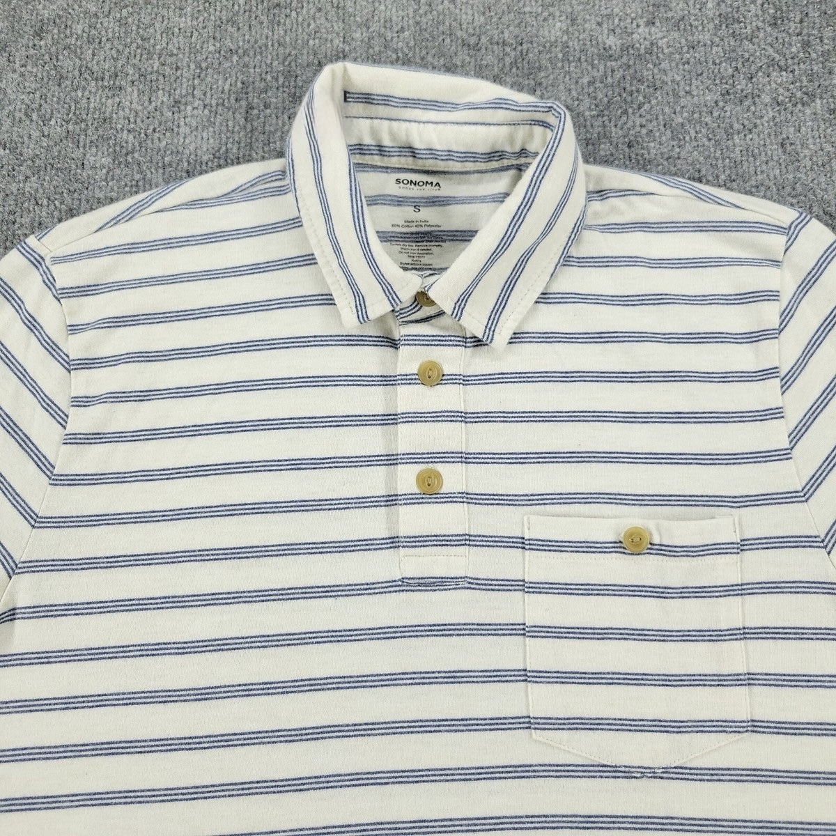 Sonoma Polo Shirt Men’s Small White Blue Striped Short Sleeve Pocket 3 Button